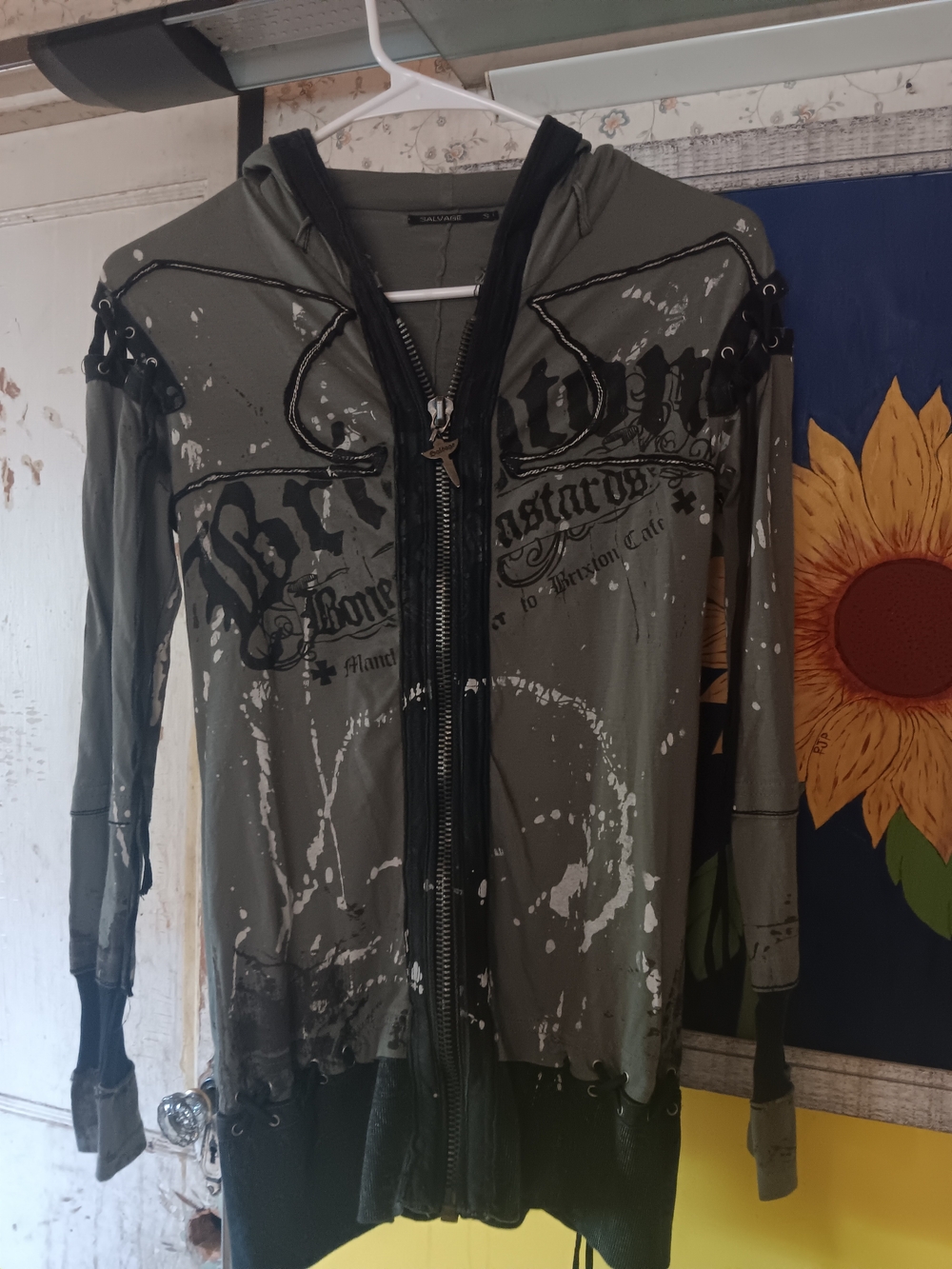 Salvage "Brighton" Graphic Design Lace-Up Sleeves Hooded Zip Up Jacket. S
